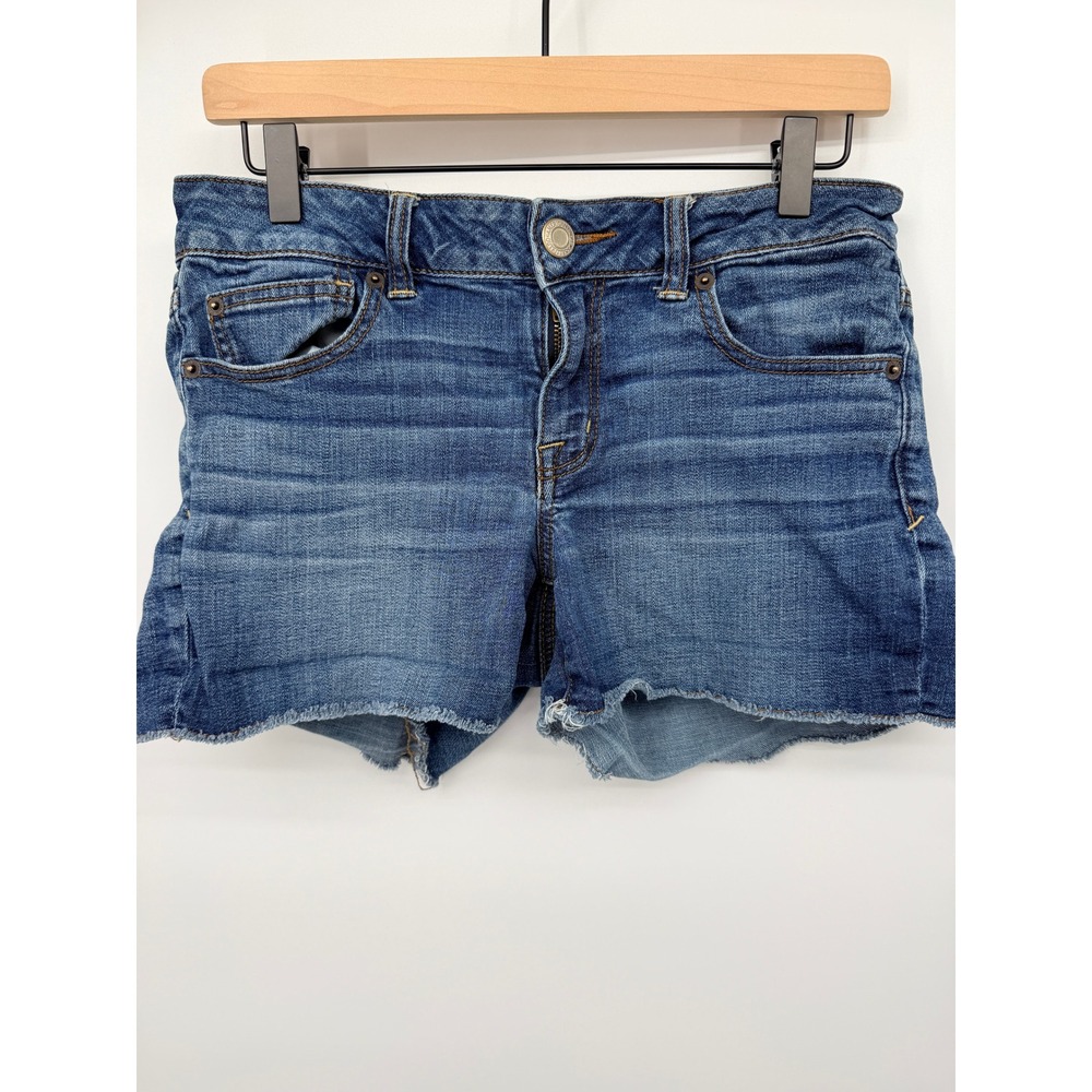American Eagle Super Stretch Denim Shorts Women 8 Blue Good Raw Hem Mid Rise